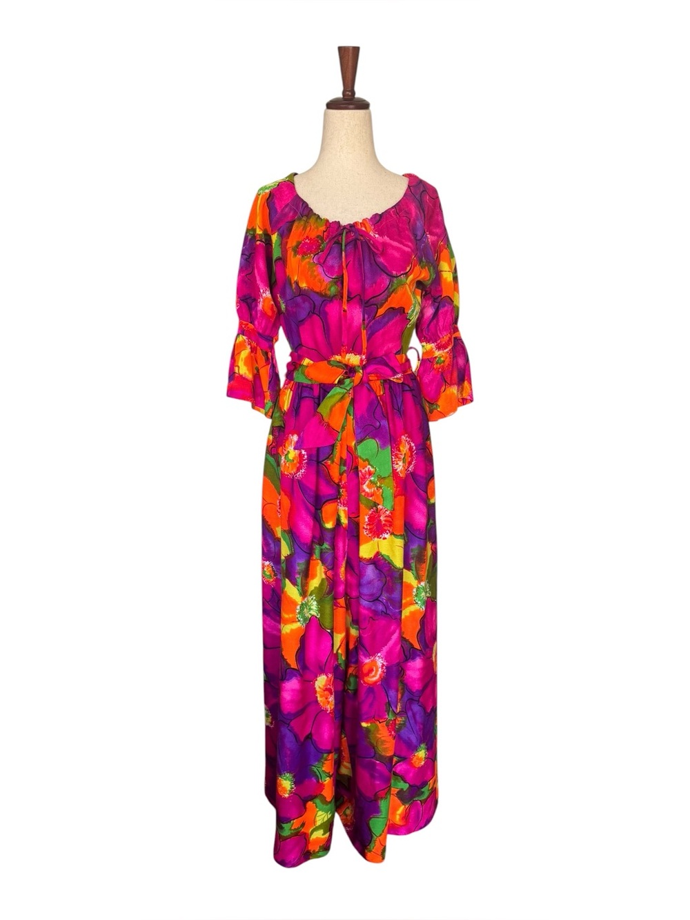Vintage 60s 70s Leland of California Bright Floral Wide Leg Tie Waist Jumpsuit S